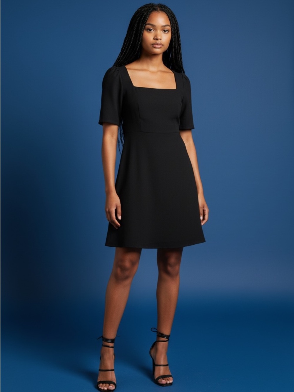 Princess Polly Size 4 black square neckline linen mini dress.